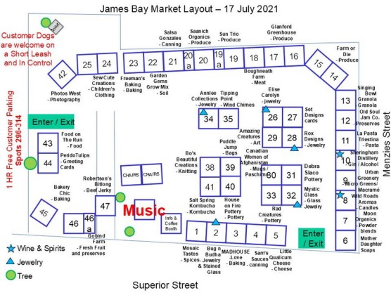 Saturday, July 17th – 9 am to 3 pm – The James Bay Community Market – Music, crafts, produce, food and coffee!